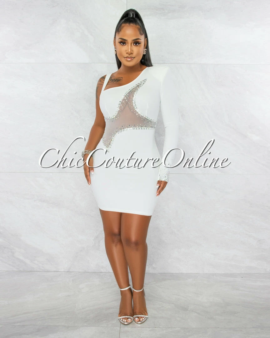 Chic Couture Online Ymara Off-White Silver Rhinestones Mesh Accent Mini Dress