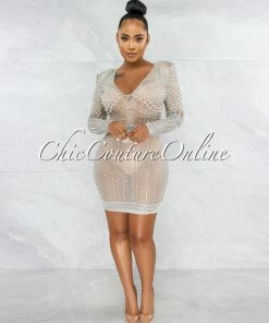 Vendor-unknown Rodriga Nude Pearl Rhinestones Sheer Mini Dress