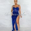 Vendor-unknown Melisia Royal Blue Mesh Sequins Velvet Maxi Bodysuit Dress JUST IN