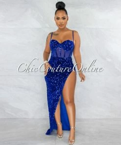 Vendor-unknown Melisia Royal Blue Mesh Sequins Velvet Maxi Bodysuit Dress JUST IN