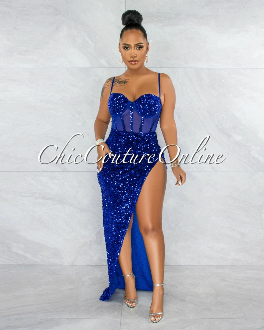Vendor-unknown Melisia Royal Blue Mesh Sequins Velvet Maxi Bodysuit Dress JUST IN