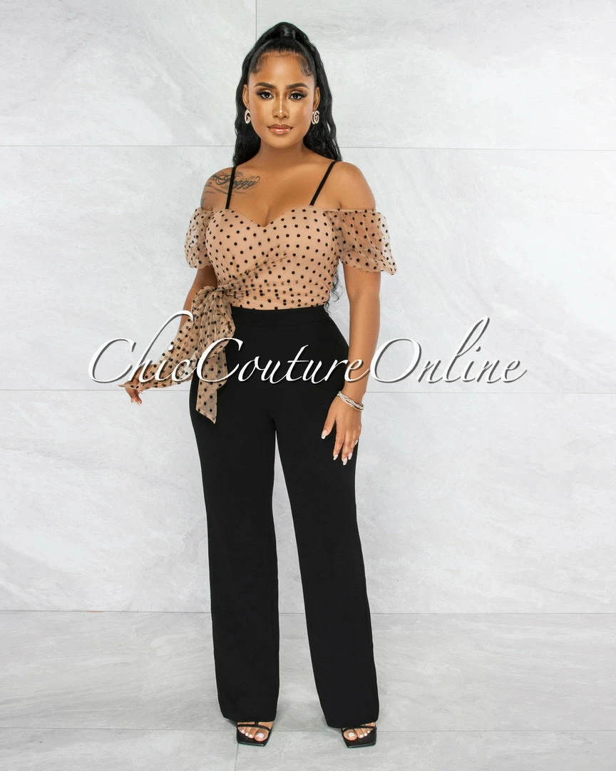 Vendor-unknown Barina Nude Black Polka Dots Tulle Bow Jumpsuit