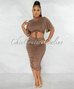Chic Couture Online Marfo Brown Knot Crop Top & Ruched Skirt Set JUST IN