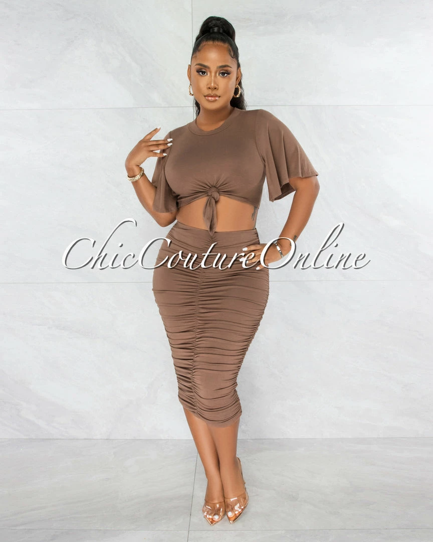 Chic Couture Online Marfo Brown Knot Crop Top & Ruched Skirt Set JUST IN