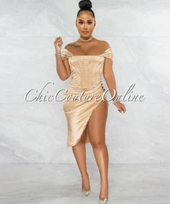 Chic Couture Online Suyen Gold Satin Drape Corset Midi Dress
