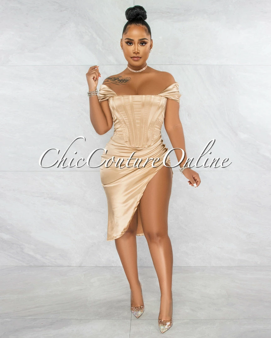 Chic Couture Online Suyen Gold Satin Drape Corset Midi Dress