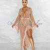 Vendor-unknown JUST IN Kyle Nude Sheer Rhinestones Fringe Slit Bodysuit Dress
