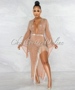 Vendor-unknown JUST IN Kyle Nude Sheer Rhinestones Fringe Slit Bodysuit Dress