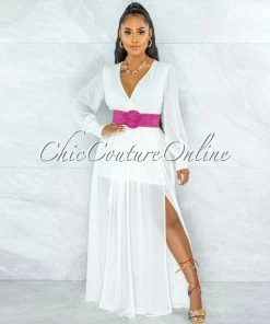 Vendor-unknown JUST IN Canela Ivory Long Sleeves Belted Maxi Dress