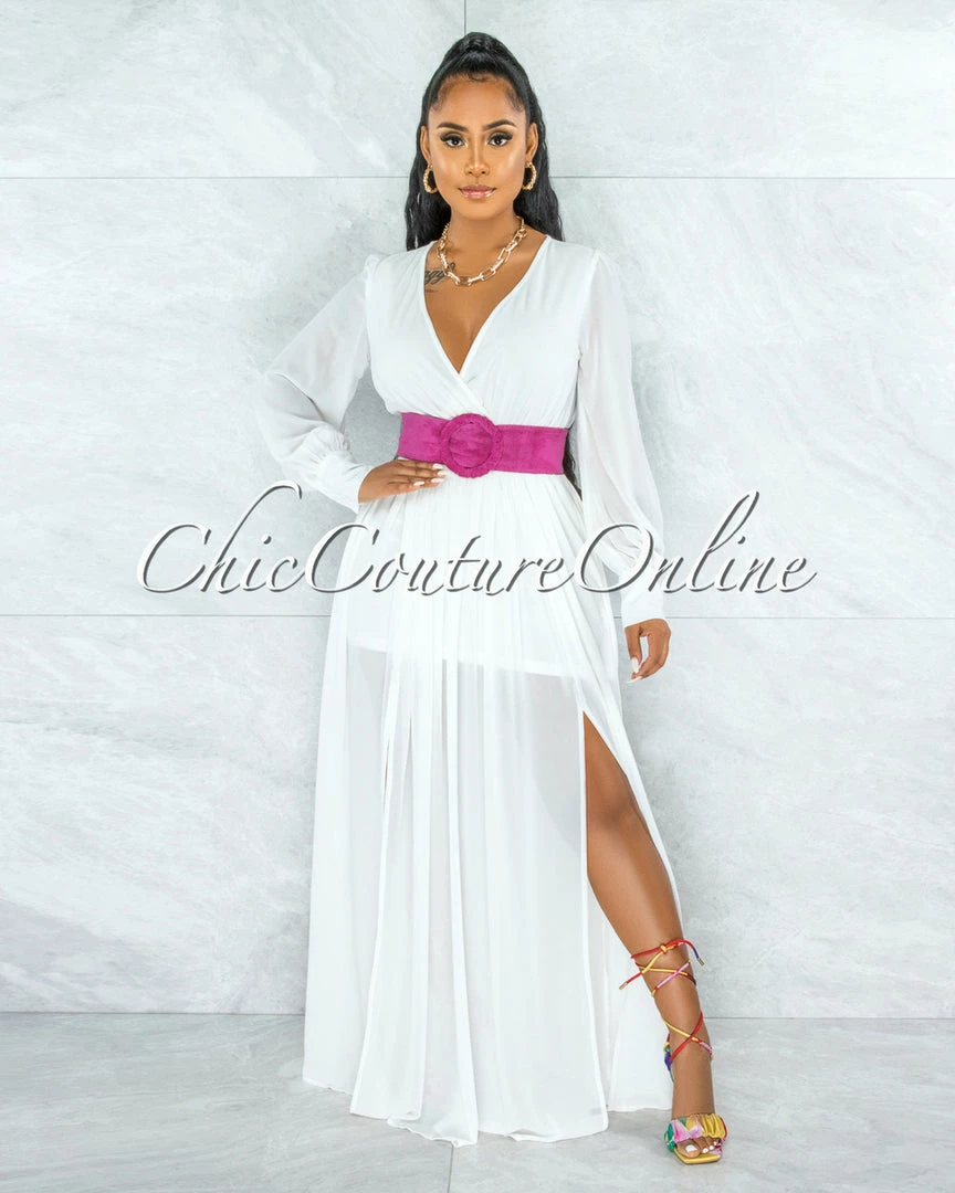 Vendor-unknown JUST IN Canela Ivory Long Sleeves Belted Maxi Dress