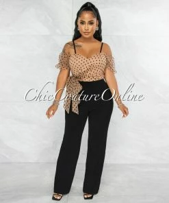 Vendor-unknown Barina Nude Black Polka Dots Tulle Bow Jumpsuit
