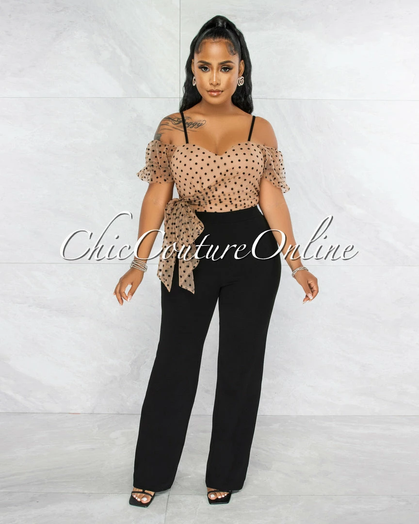 Vendor-unknown Barina Nude Black Polka Dots Tulle Bow Jumpsuit