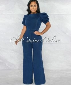 Vendor-unknown Lonato Dark Denim Bubble Sleeves Open Back Jumpsuit