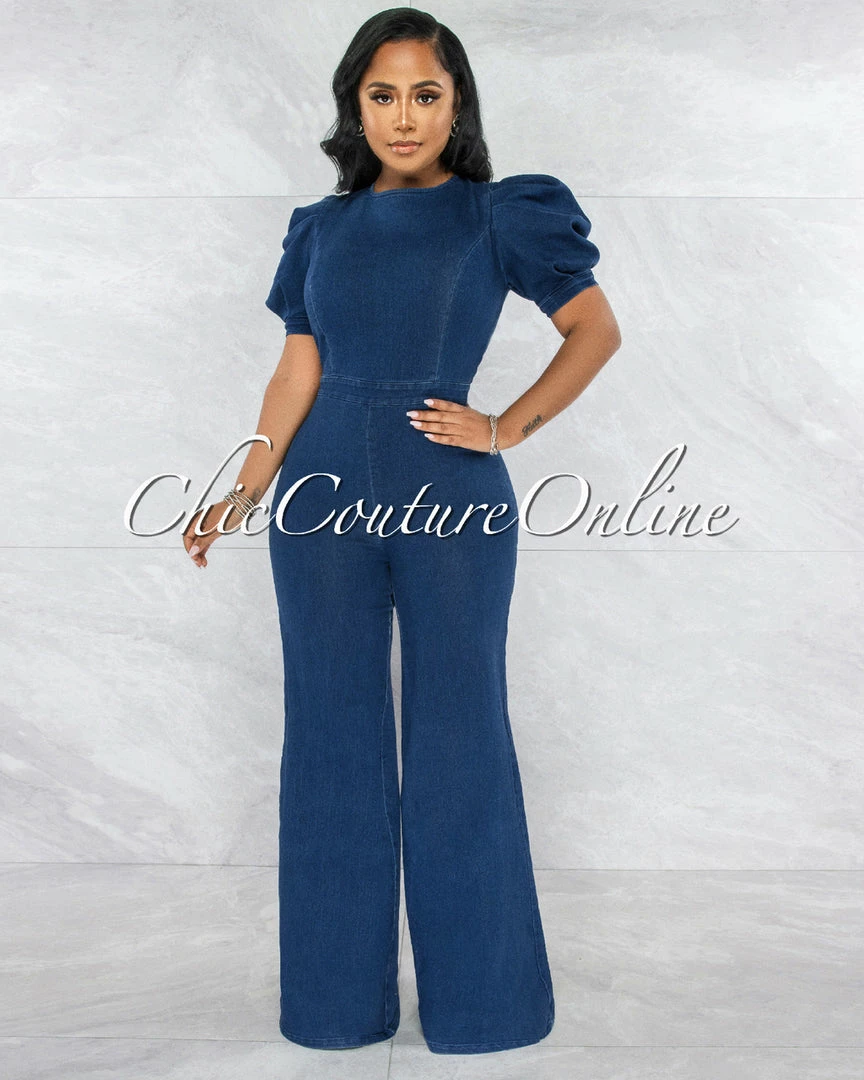Vendor-unknown Lonato Dark Denim Bubble Sleeves Open Back Jumpsuit