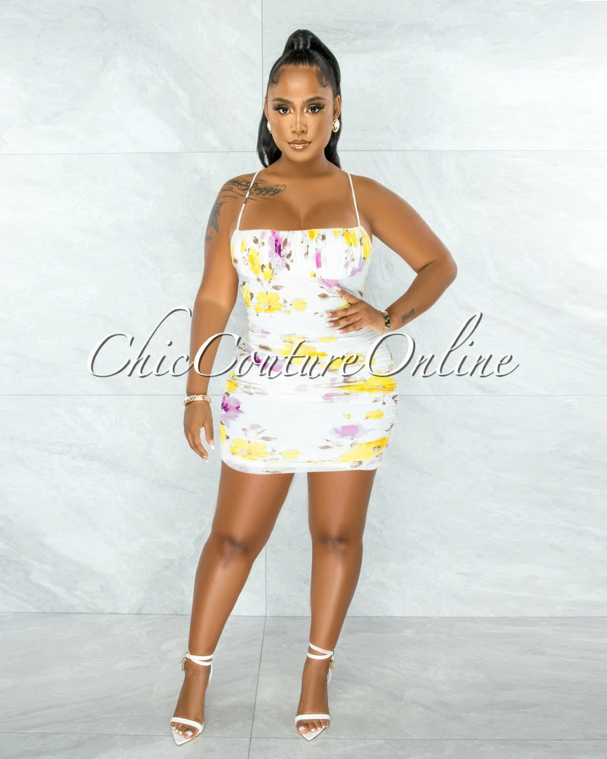 Chic Couture Online JUST IN Lissie Off-White Floral Print Ruched Mini Dress