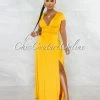 Chic Couture Online Styx Mustard Draped Waistband Maxi Slit Dress