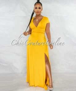 Chic Couture Online Styx Mustard Draped Waistband Maxi Slit Dress