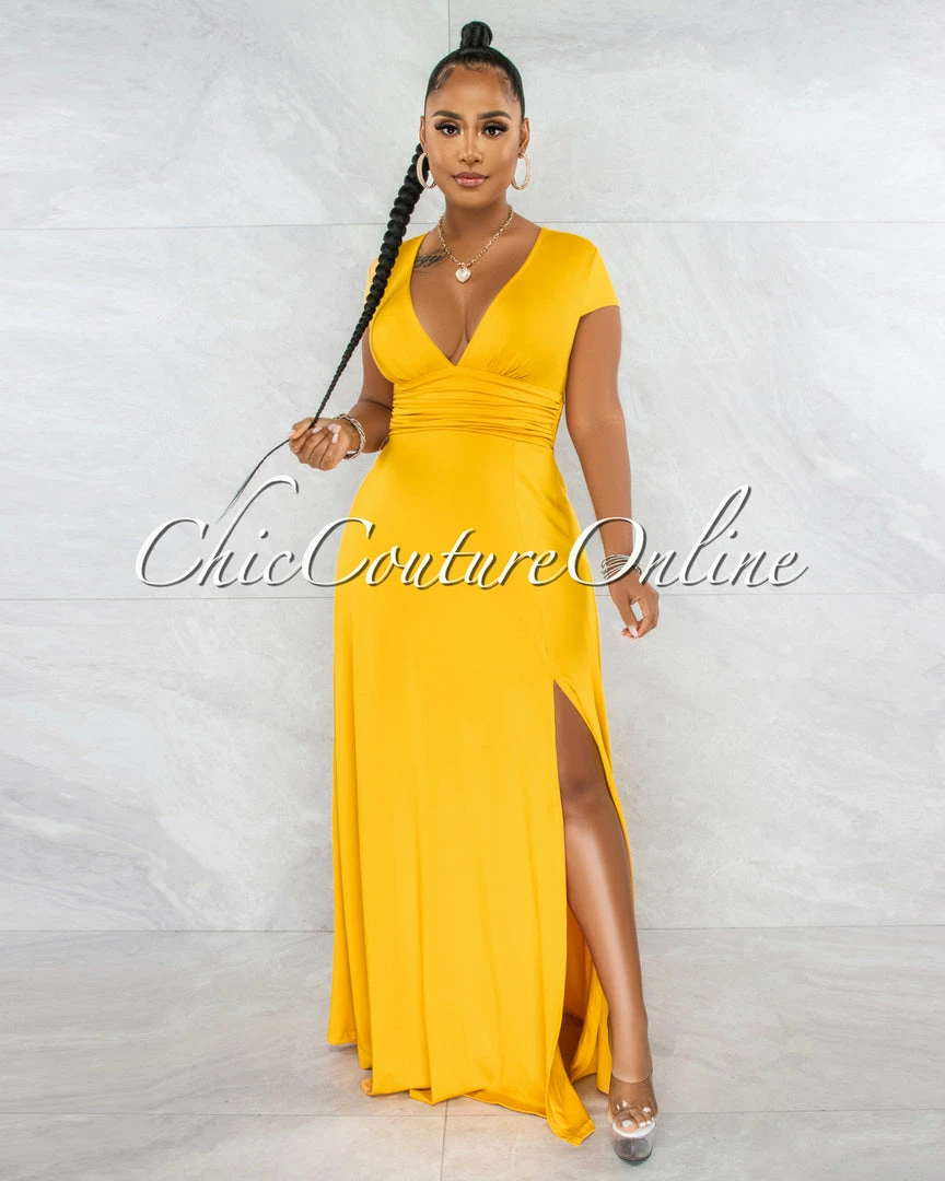 Chic Couture Online Styx Mustard Draped Waistband Maxi Slit Dress