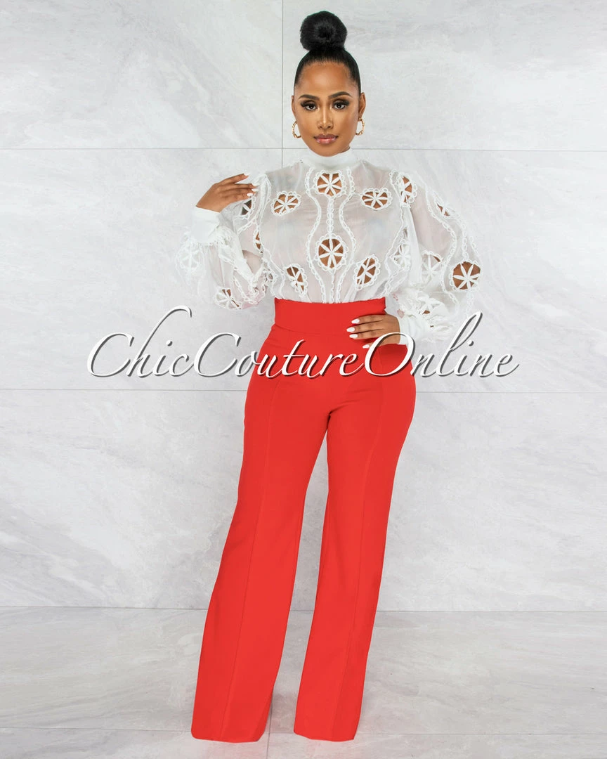 Vendor-unknown Sikina Off-White Sheer Embroidery Bodysuit JUST IN