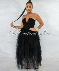 Vendor-unknown Odalys Black Strapless Tulle Ruffle Bodysuit Dress