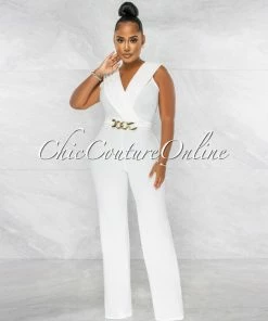 Chic Couture Online JUST IN Aimee Off-White Pleated Bust Gold Link Jumpsuit