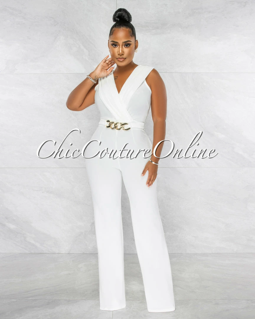 Chic Couture Online JUST IN Aimee Off-White Pleated Bust Gold Link Jumpsuit