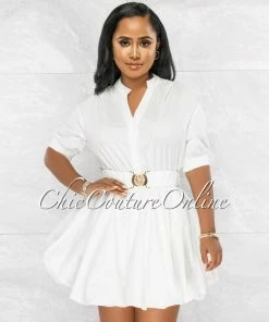 Vendor-unknown JUST IN Breanna Off-White Gold Buckle Bubble Dress