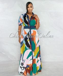 Vendor-unknown Aruba Multi-Color Print Belted Maxi Dress JUST IN