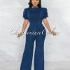 Vendor-unknown Lonato Dark Denim Bubble Sleeves Open Back Jumpsuit