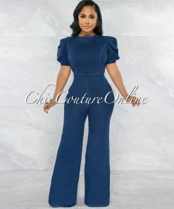 Vendor-unknown Lonato Dark Denim Bubble Sleeves Open Back Jumpsuit