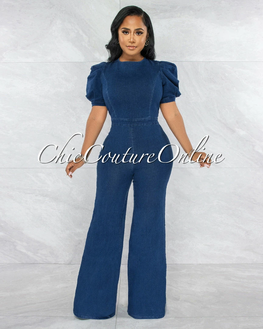 Vendor-unknown Lonato Dark Denim Bubble Sleeves Open Back Jumpsuit