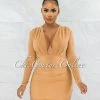 Vendor-unknown JUST IN Tanya Latte Plunging V-Neck Draped Mesh Dress