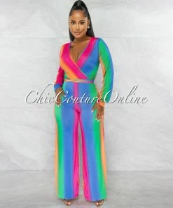 Chic Couture Online JUST IN Sheila Blue Orange Ombré Multi-Color Stripes Jumpsuit