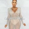 Vendor-unknown Rodriga Nude Pearl Rhinestones Sheer Mini Dress