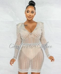 Vendor-unknown Rodriga Nude Pearl Rhinestones Sheer Mini Dress