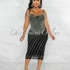 Vendor-unknown JUST IN Gastonia Black Rhinestones Mesh Midi Dress