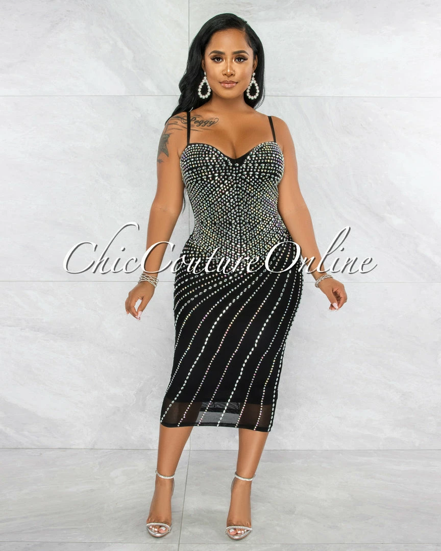 Vendor-unknown JUST IN Gastonia Black Rhinestones Mesh Midi Dress