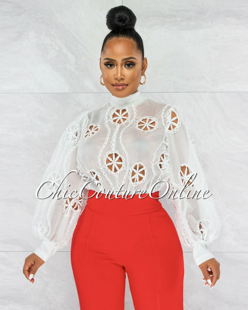 Vendor-unknown Sikina Off-White Sheer Embroidery Bodysuit JUST IN