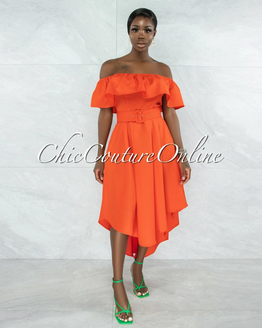 Vendor-unknown Bodil Orange Ruffle Neckline Belt Hi-Lo Dress JUST IN