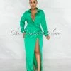 Vendor-unknown Yuriana Emerald Green Draped Front Maxi Silky Dress