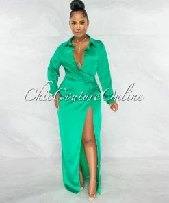 Vendor-unknown Yuriana Emerald Green Draped Front Maxi Silky Dress