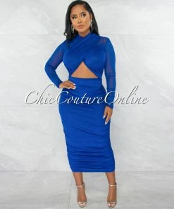 Chic Couture Online Gerlie Royal Blue Crossed Bust Mesh Ruched Midi Dress JUST IN