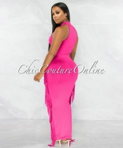 Chic Couture Online Rommey Fuchsia Crop Top & Tassels Pencil Maxi Skirt Set JUST IN