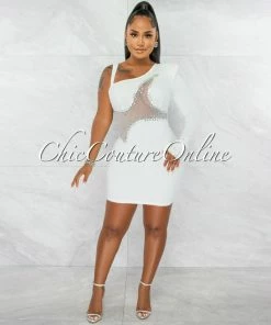 Chic Couture Online Ymara Off-White Silver Rhinestones Mesh Accent Mini Dress