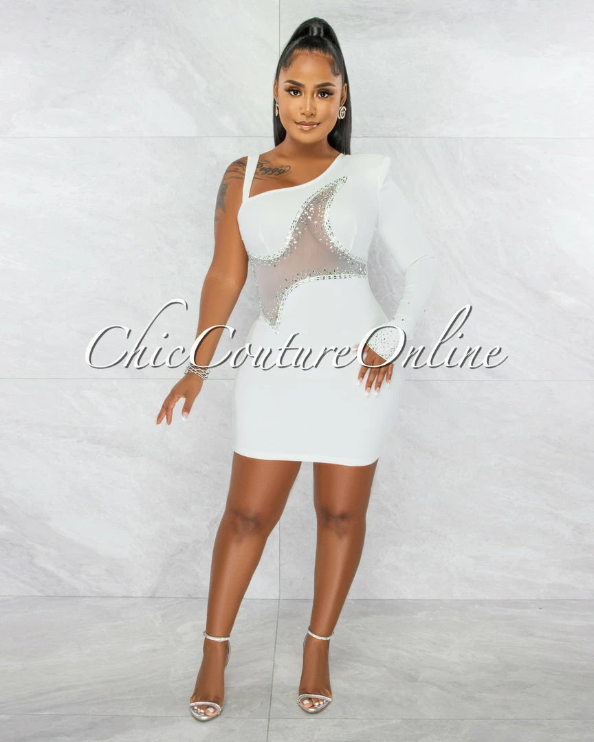 Chic Couture Online Ymara Off-White Silver Rhinestones Mesh Accent Mini Dress