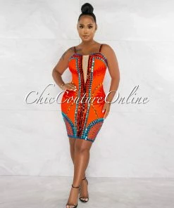 Chic Couture Online Patrina Orange Multi-Color Rhinestones Bandage Dress