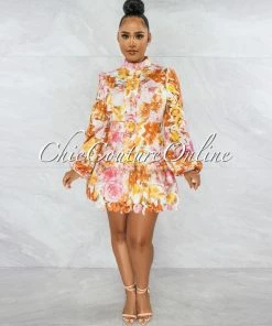 Vendor-unknown Nadiha Orange Pink Floral Crochet Belted Skater Dress