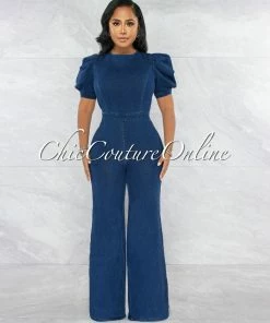 Vendor-unknown Lonato Dark Denim Bubble Sleeves Open Back Jumpsuit