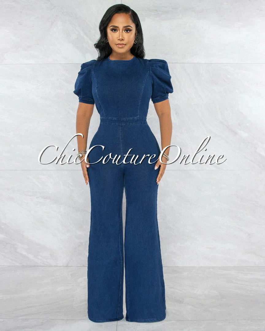 Vendor-unknown Lonato Dark Denim Bubble Sleeves Open Back Jumpsuit