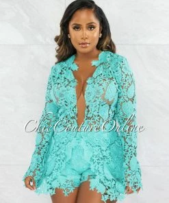 Chic Couture Online Carencia Mint Crochet Sheer Suit Shorts Set